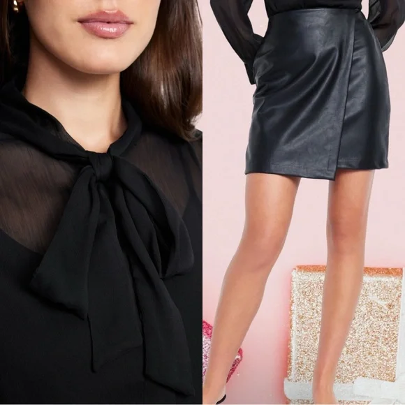 NWTS💓THE OCCASION L💓BLACK SHEER CHIFFON & (FAUX) LEATHER WRAP SKIRT BUNDLE SET💓 - Picture 5 of 14